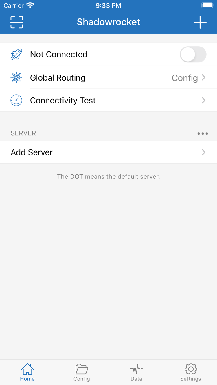 Shadowrocket 官方 Home 界面截图，显示连接开关与服务器分组
