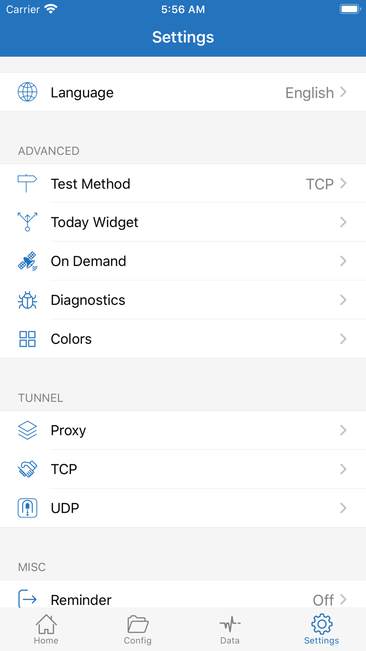 Official Shadowrocket Settings screen showing Language, Test Method, Today Widget, On Demand, Diagnostics, Proxy, TCP, and UDP